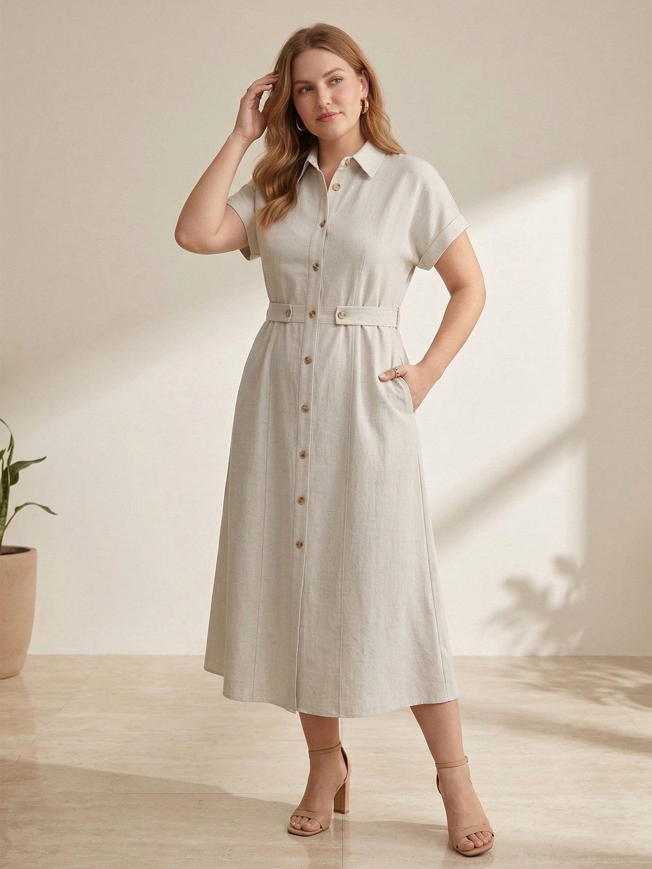 Larui Plus Size Women‘s Linen Short  Sleeves Dress