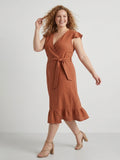Larui Plus Size Women's Linen Ruffles Dress With Belted