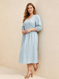 Larui Plus Size Women's Linen V-Neck Pocket Dress