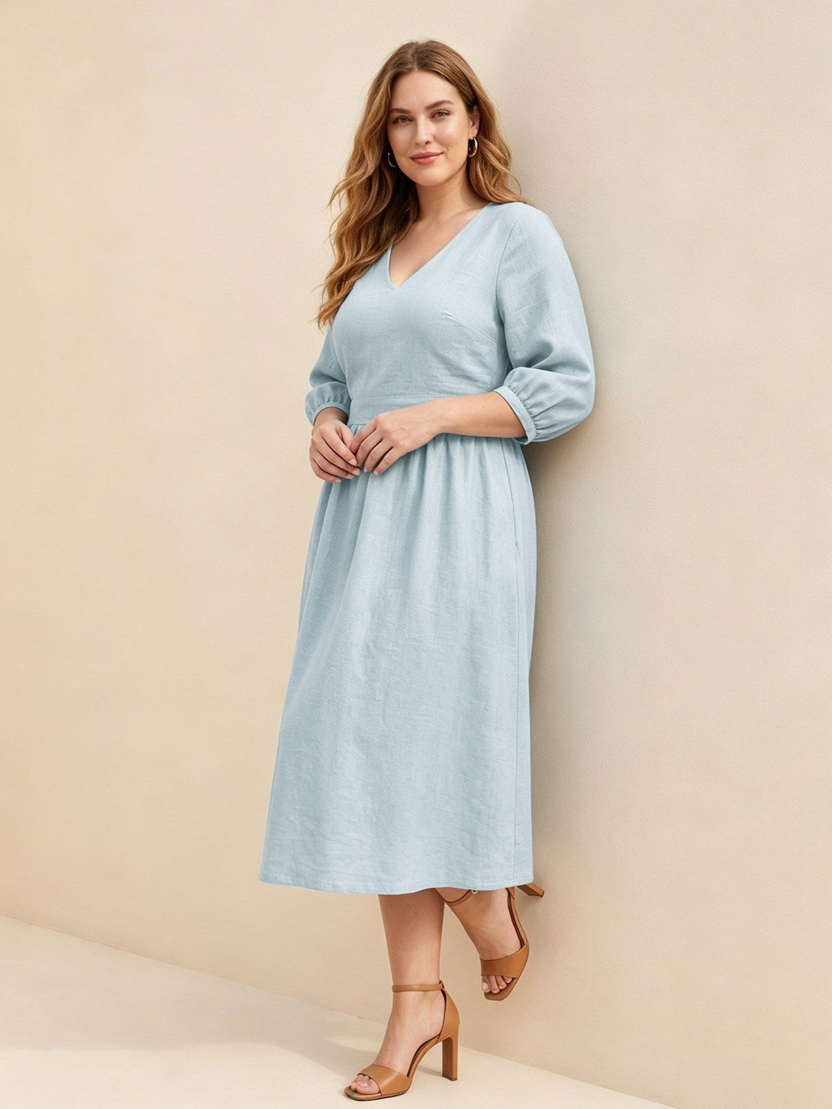 Larui Plus Size Women's Linen V-Neck Pocket Dress