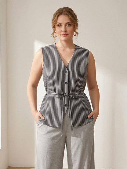 Larui Plus Size Women's Stripes Sleeveless Top Vest With Belted
