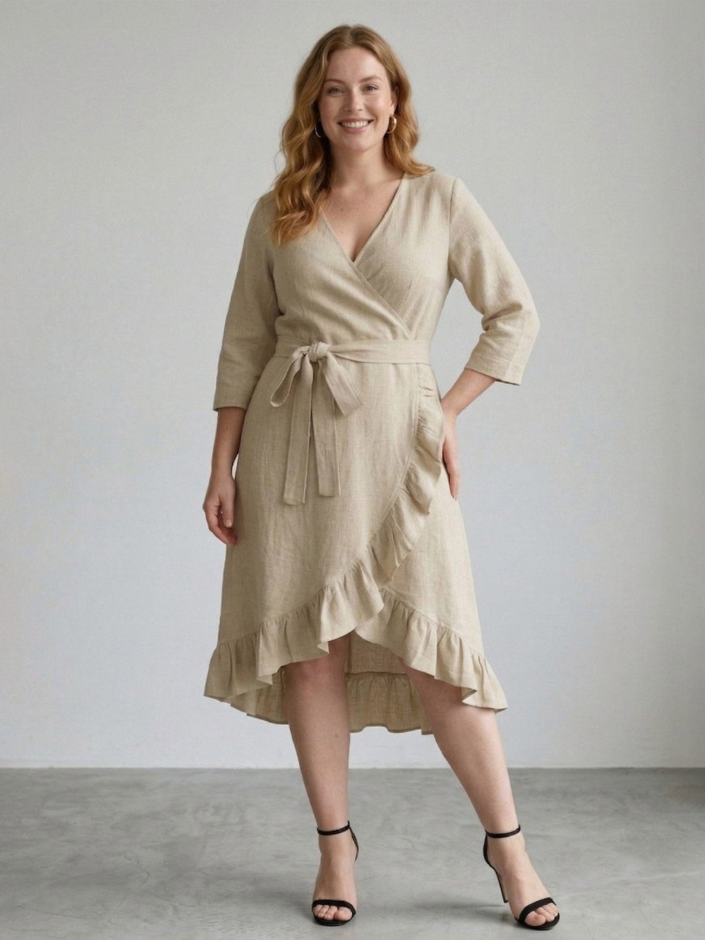 Larui Plus Size Women's Linen Ruffles Dress With Belted