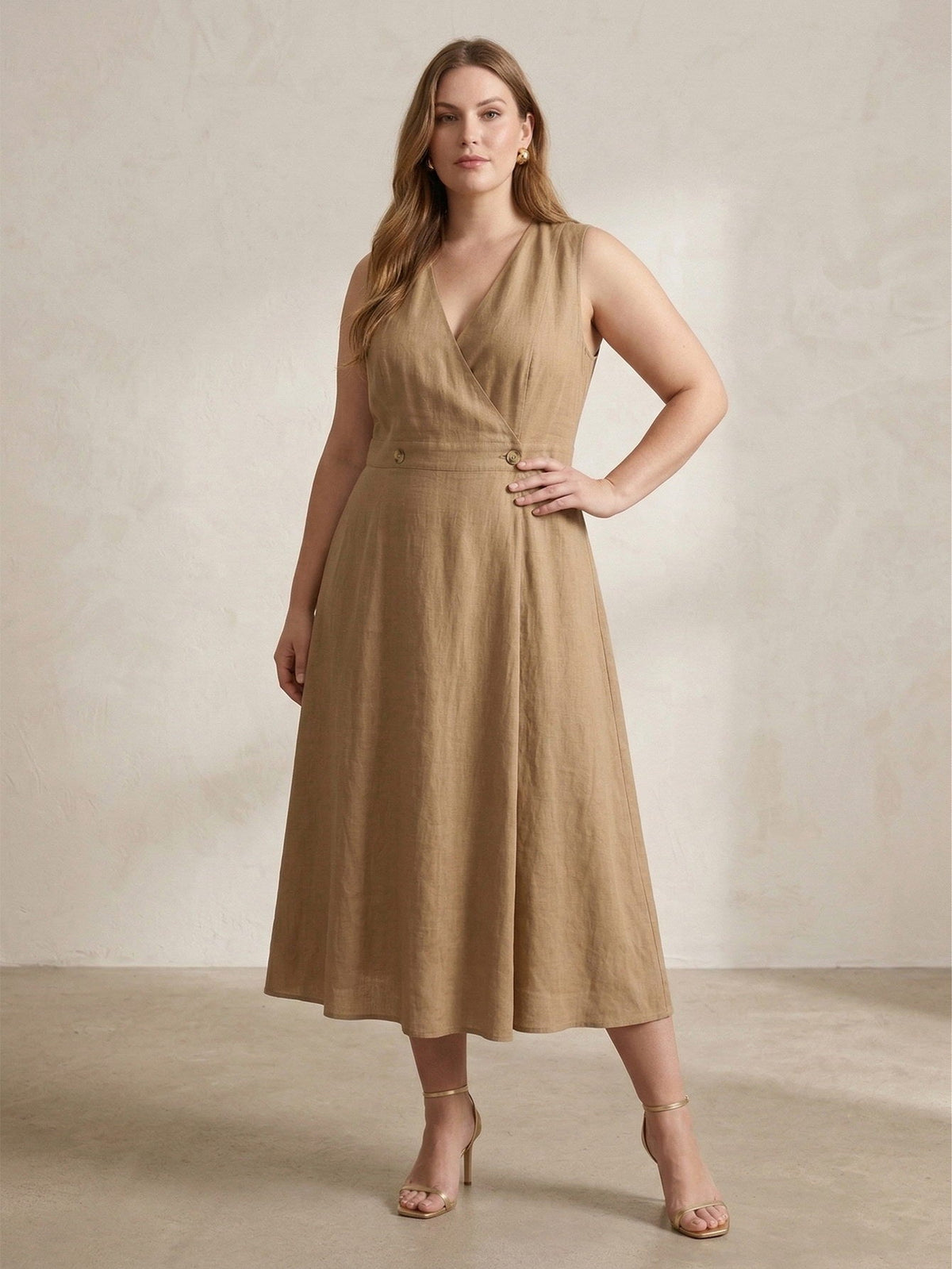 Larui Plus Size Women‘s Linen V Neck A-Line Dress