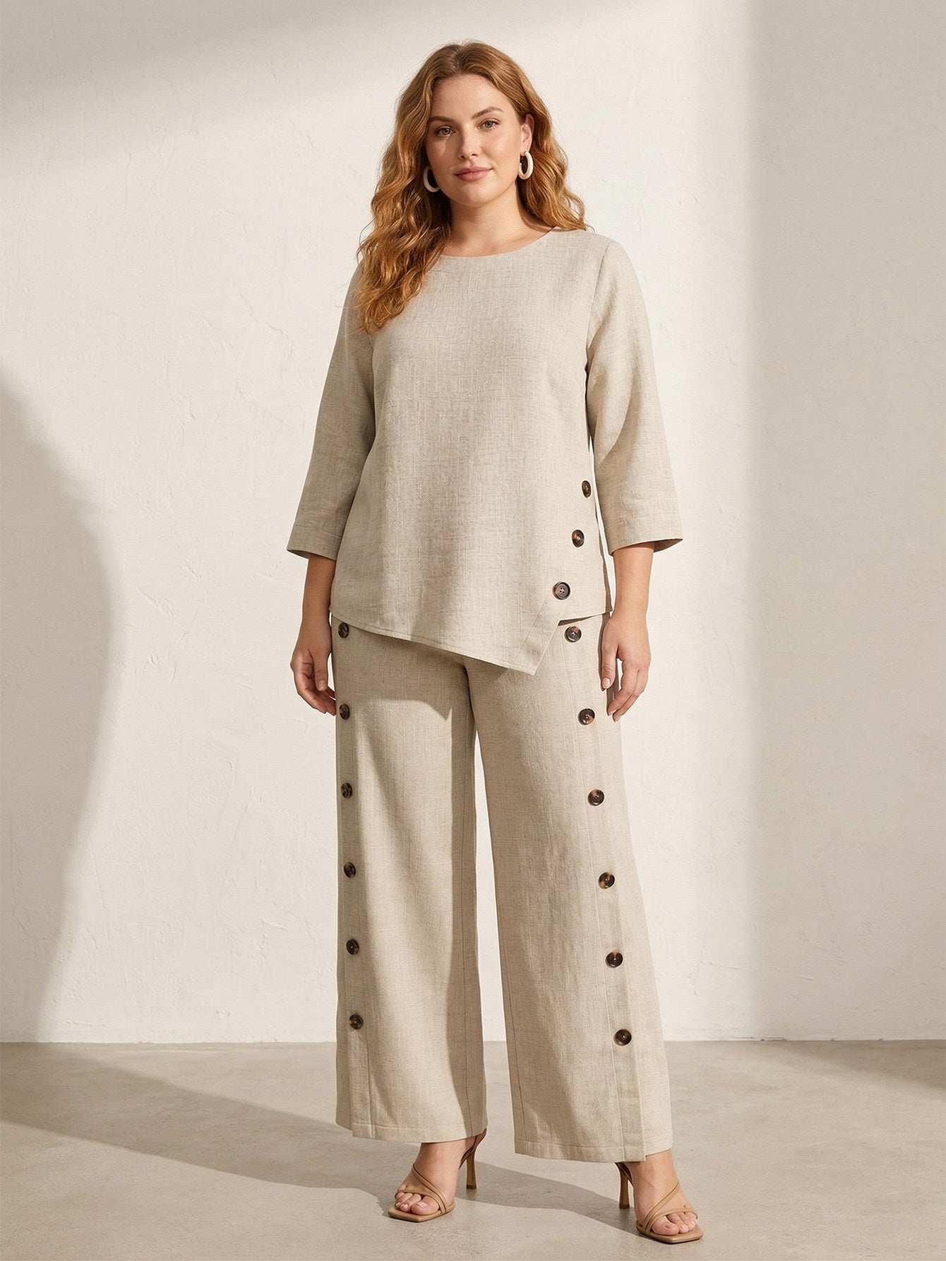 Larui Plus Size Women's Linen 3/4 Sleeves Blouse