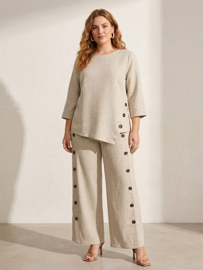 Larui Plus Size Women's Linen 3/4 Sleeves Blouse