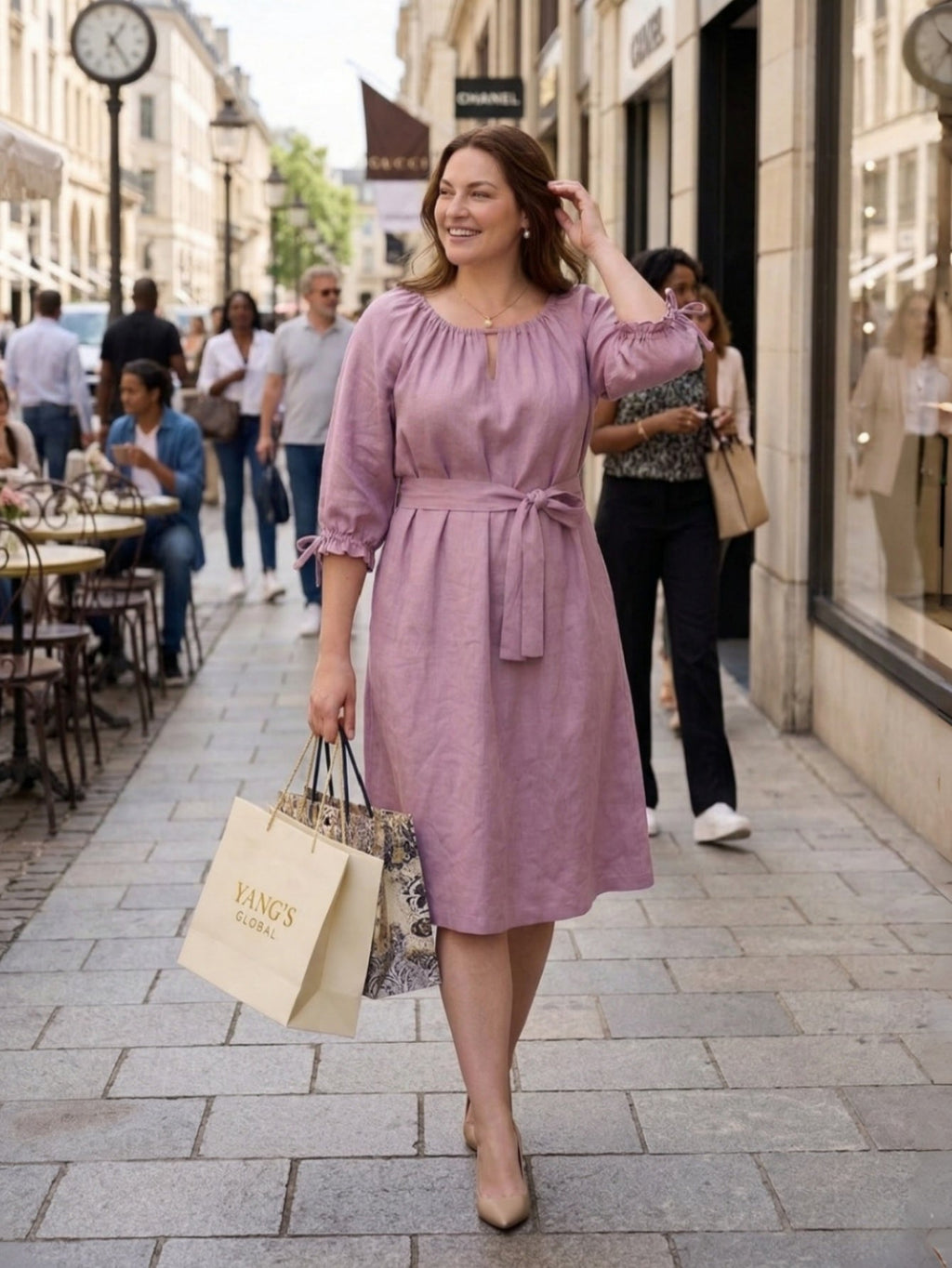 Larui Plus Size Women's Linen 3/4 Sleeves Dress With Belted