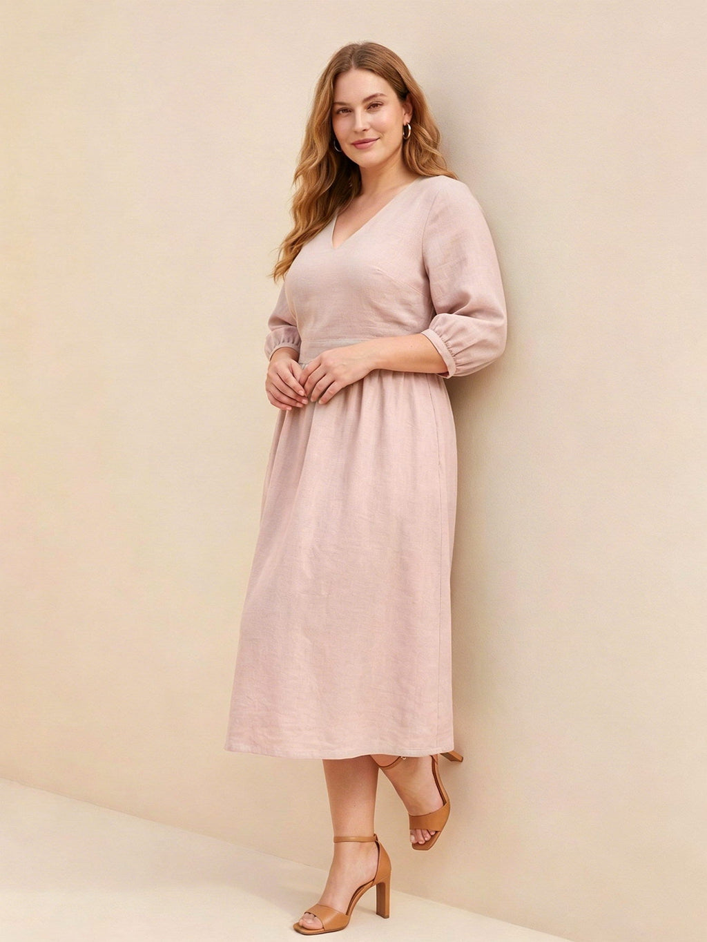 Larui Plus Size Women's Linen V-Neck Pocket Dress