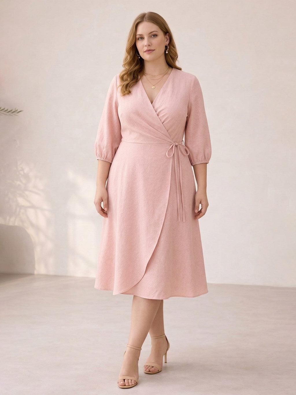Larui Plus Size Women's Linen V-Neck Wrap Dress