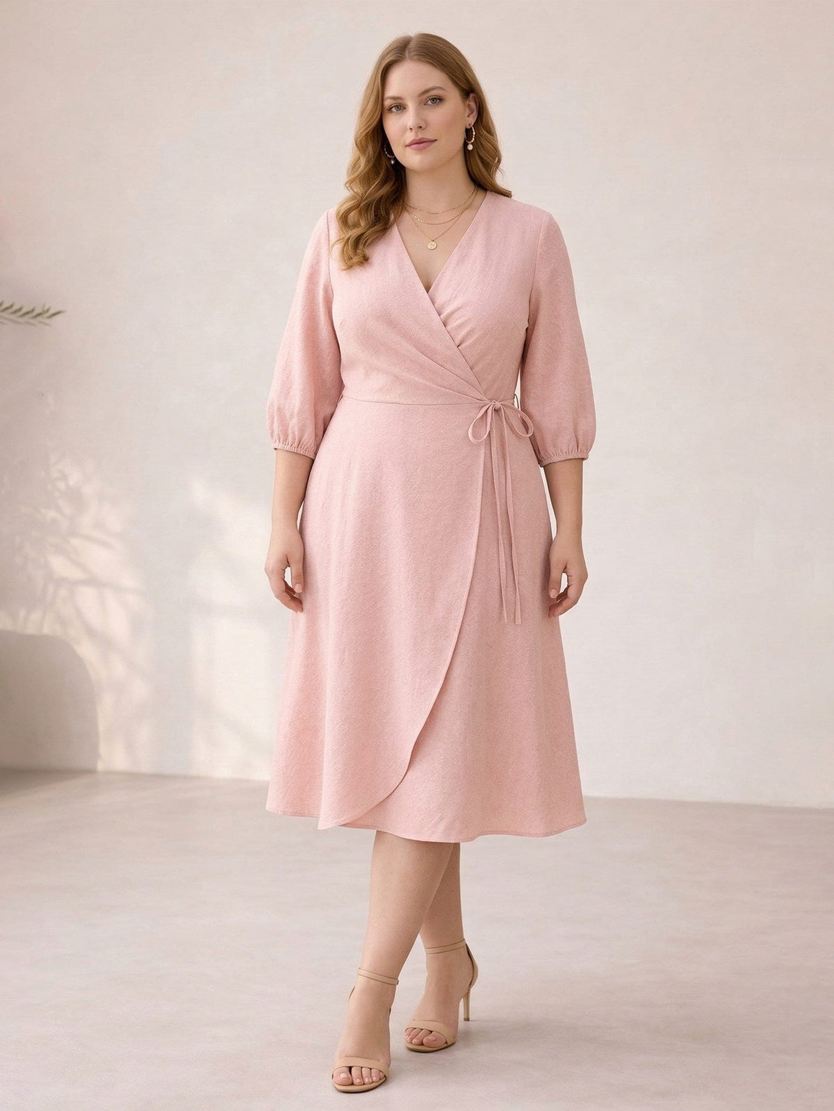 Larui Plus Size Women's Linen V-Neck Wrap Dress