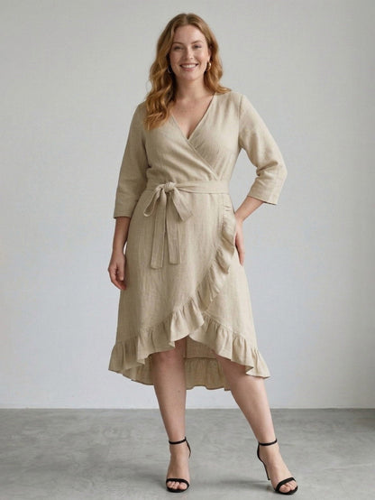Larui Plus Size Women's Linen Ruffles Dress With Belted
