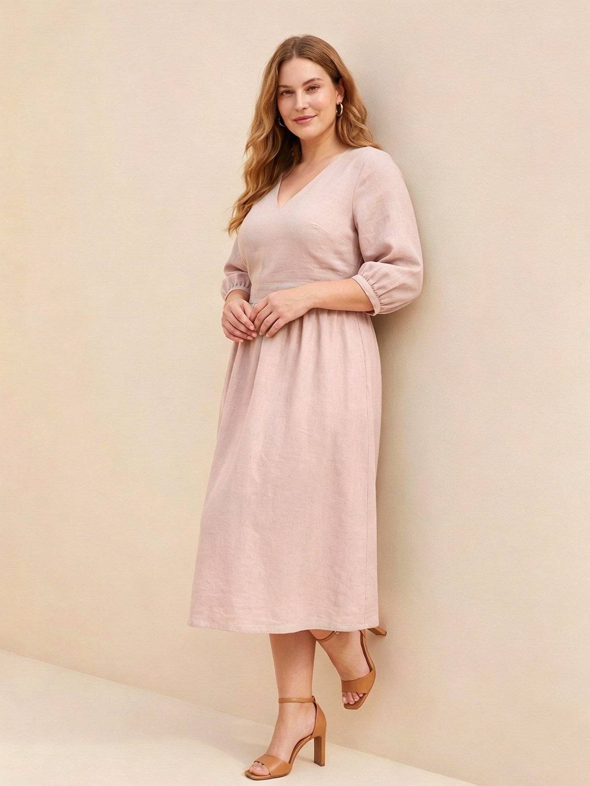 Larui Plus Size Women's Linen V-Neck Pocket Dress