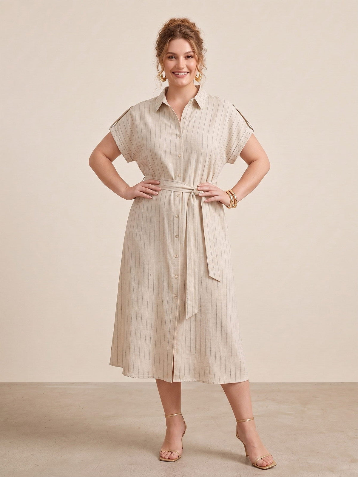 Larui Plus Size Women's Short Sleeves Dress With Belted