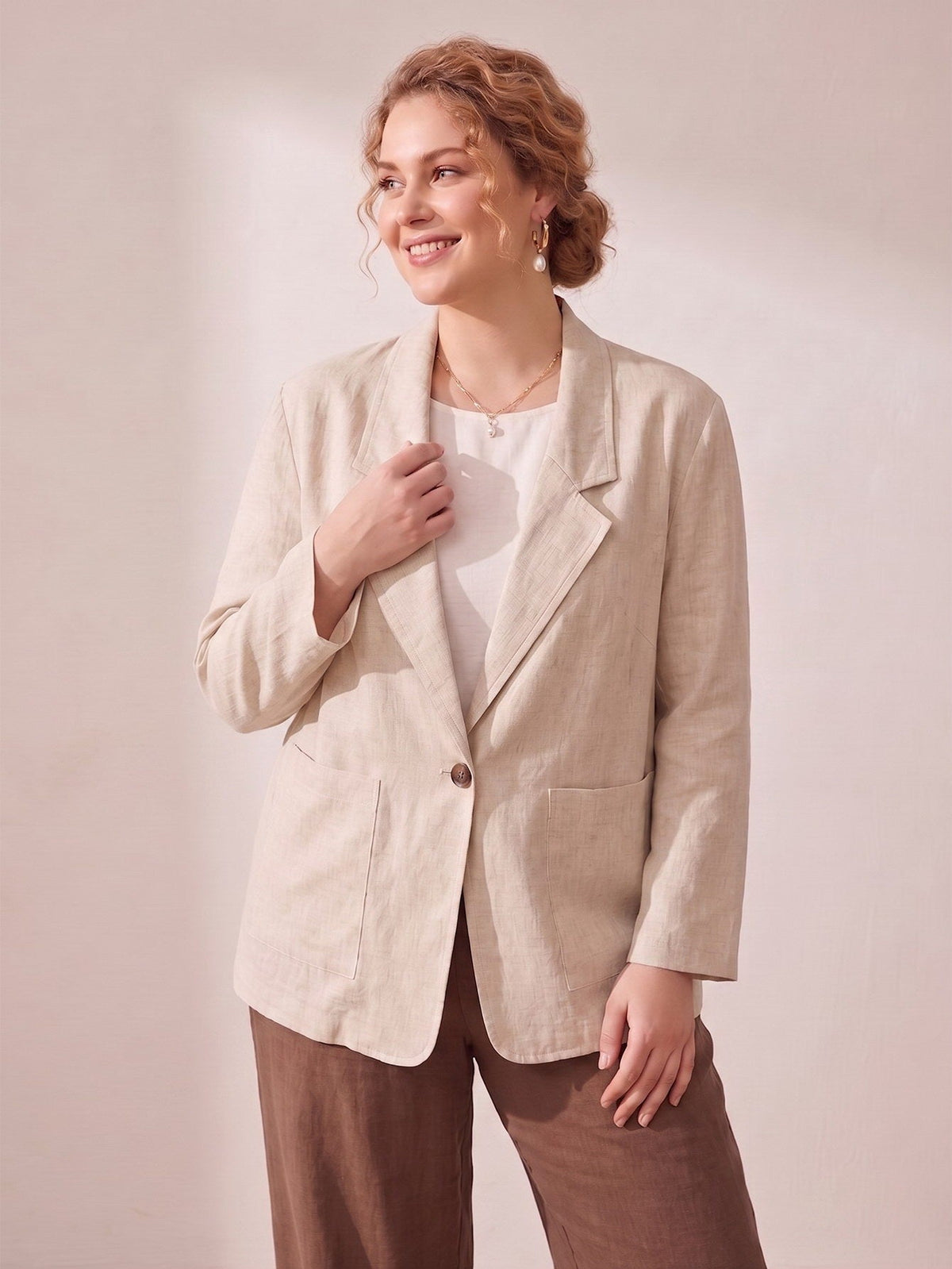 Larui Plus Size Women's Linen Long Sleeves Pocket Blazer