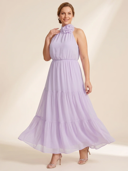 Larui Plus Size Wedding/Vacation A-Line Chiffon Dress With Floral Embellishments