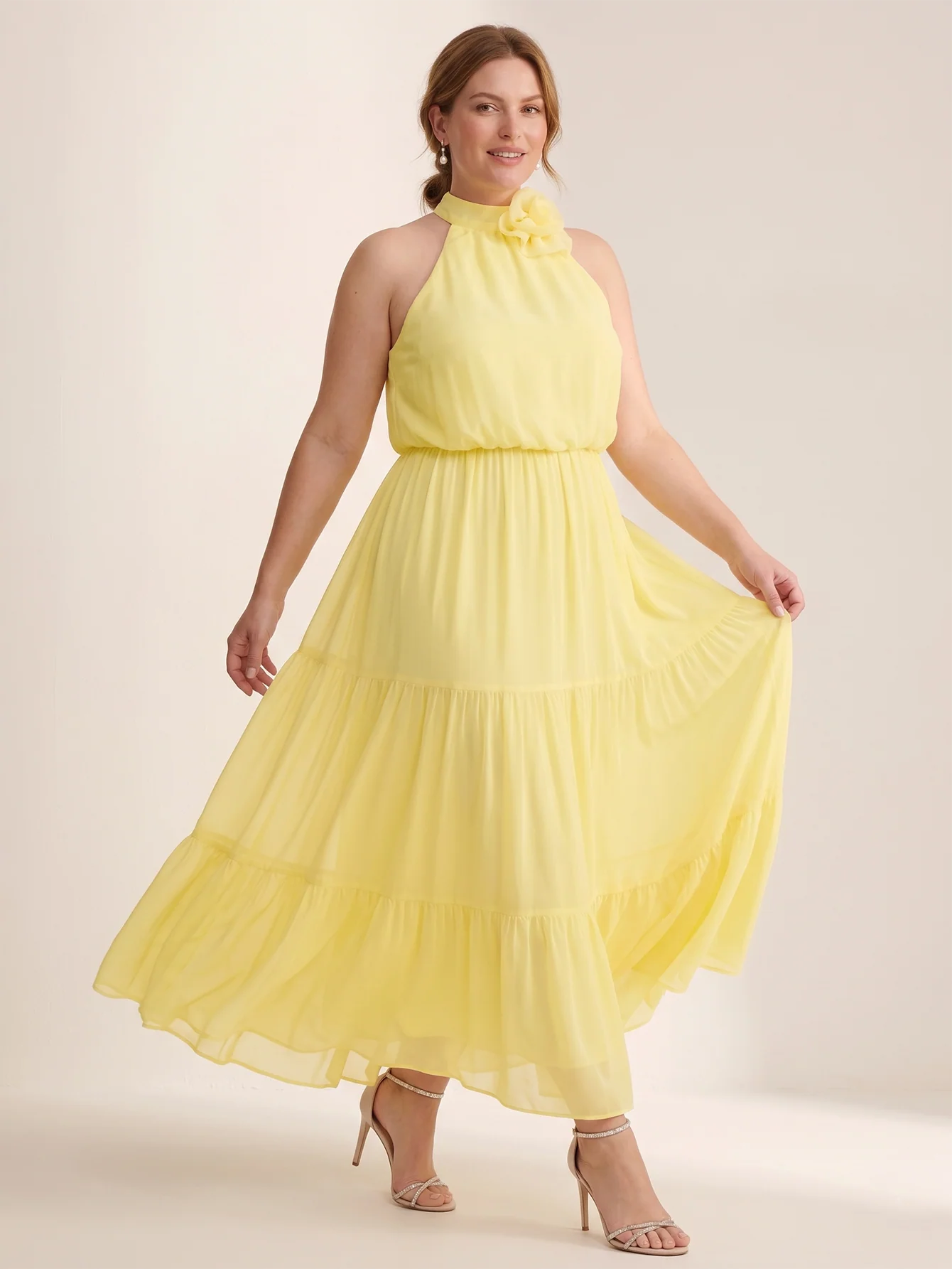 Larui Plus Size Wedding/Vacation A-Line Chiffon Dress With Floral Embellishments