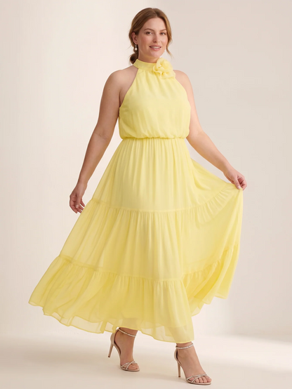 Larui Plus Size Wedding/Vacation A-Line Chiffon Dress With Floral Embellishments