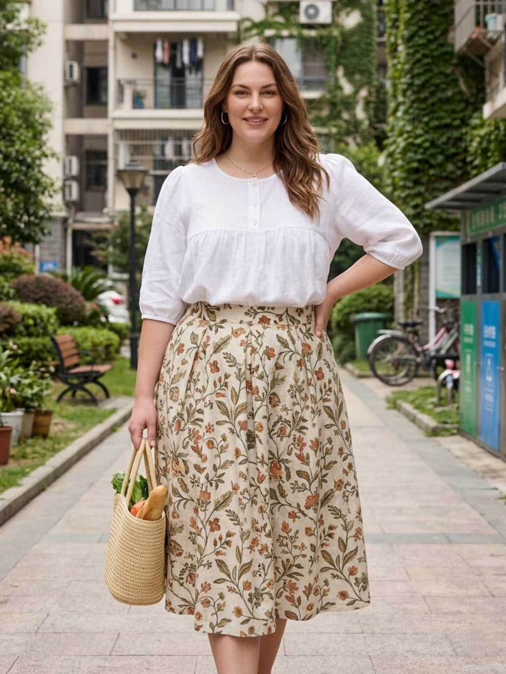 Larui Plus Size Women's Linen  Pleated 3/4 Sleeves Blouse