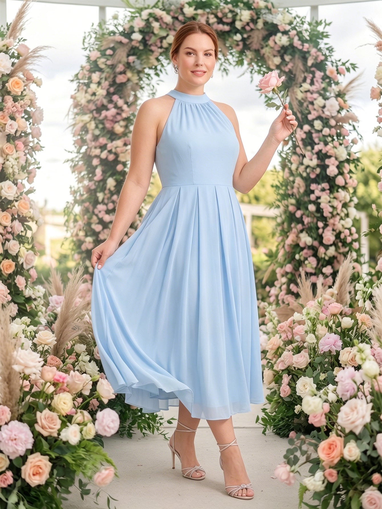 Larui Plus Size Women's Halter Neck Chiffon Dress