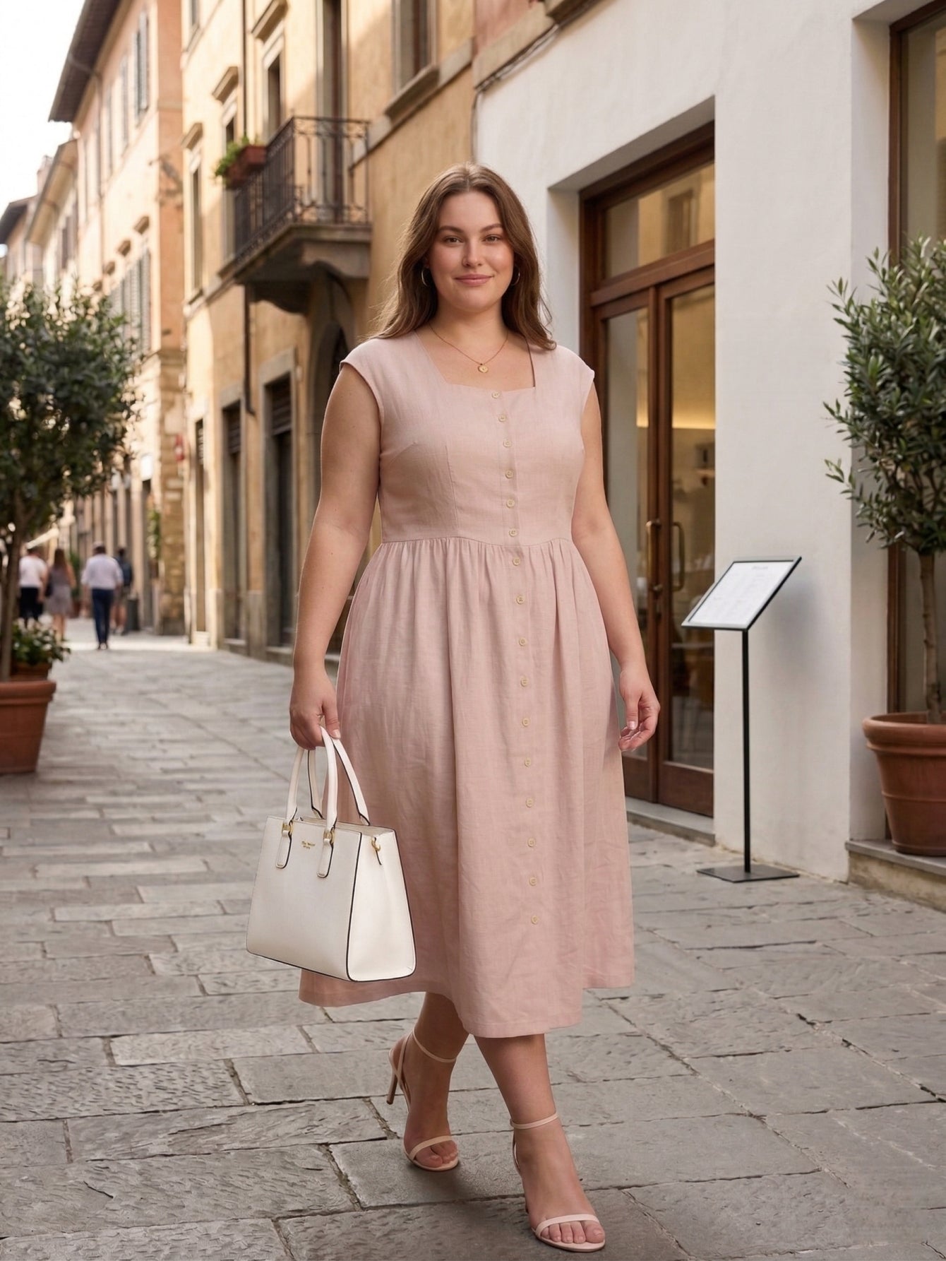 Larui Plus Size Women's Linen  Square Collar Buttons Dress