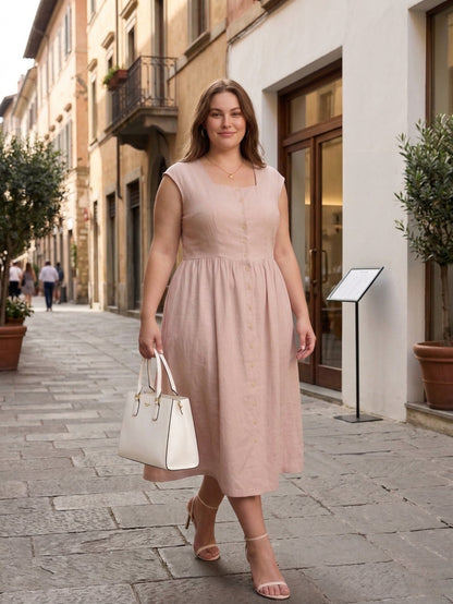 Larui Plus Size Women's Linen  Square Collar Buttons Dress