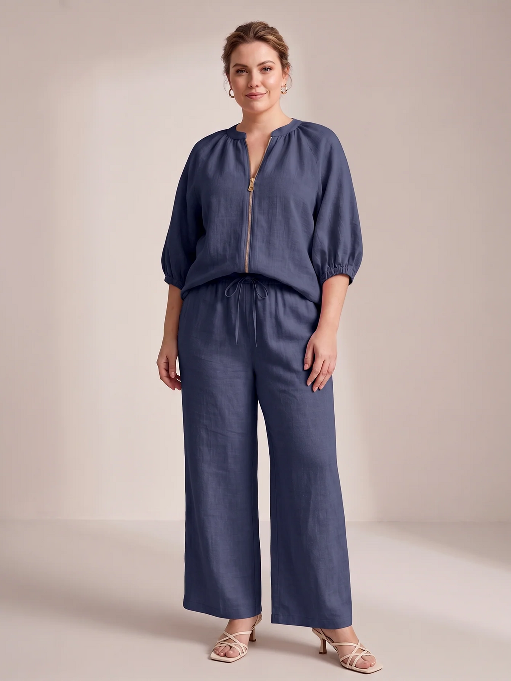 Larui Plus Size Women's Three-Quarter Sleeve Top and Pants Two-Piece Linen Set