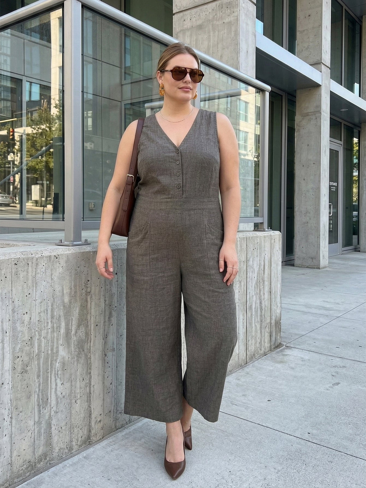 Plus Size Women's Elegant Pocket Linen Jumpsuit