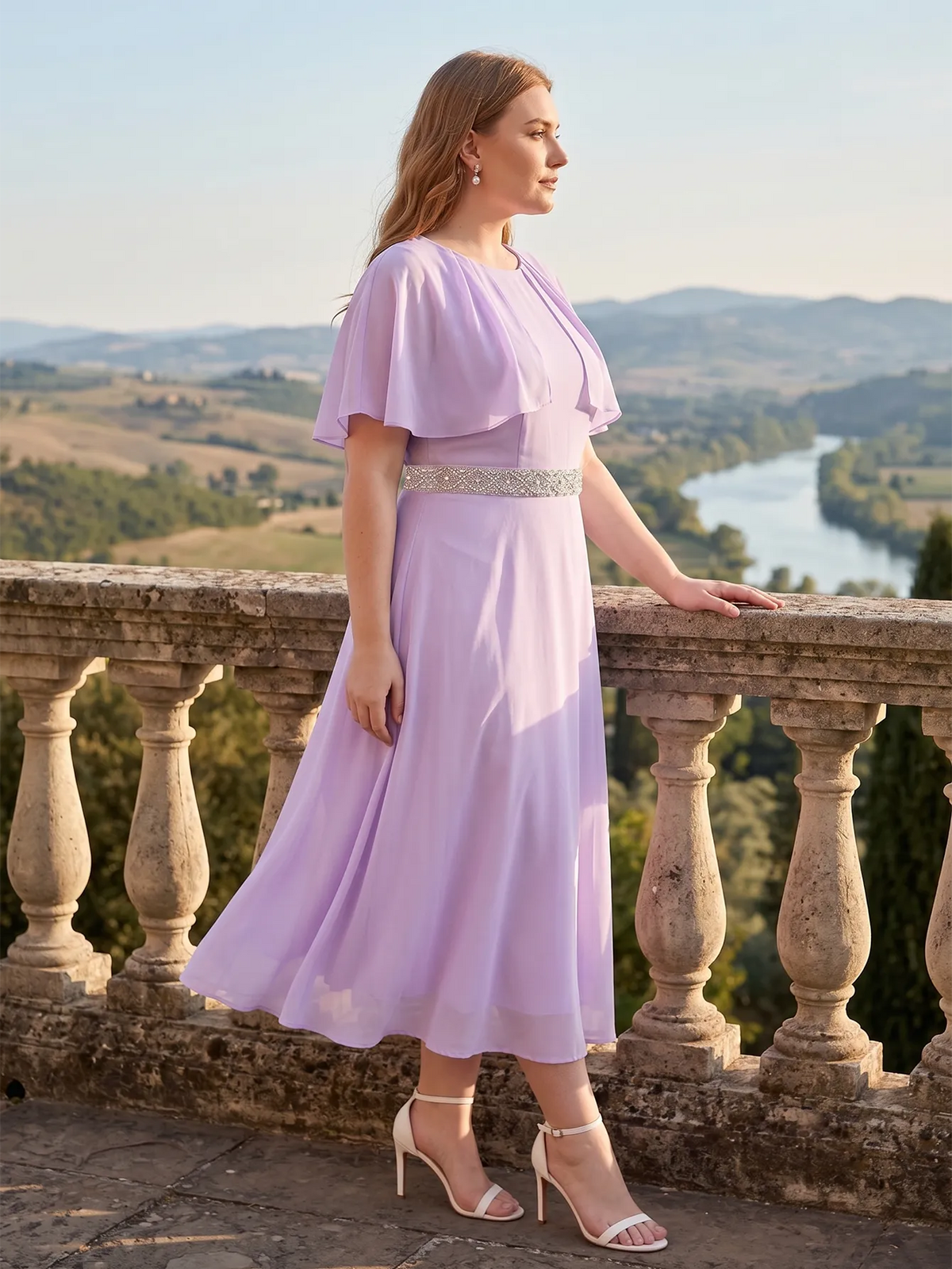 Larui Plus Size Women‘s Cape Sleeves Chiffon Midi Dress