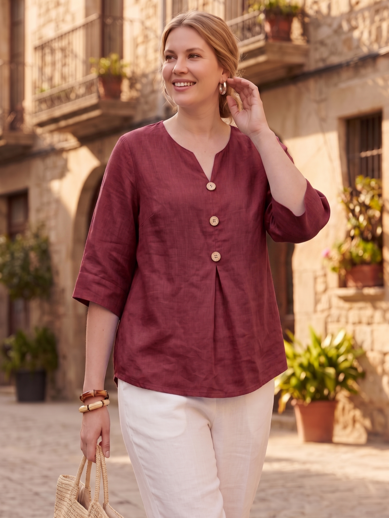 Larui Women's Plus-Size Linen V-Neck 3/4 Sleeve Top