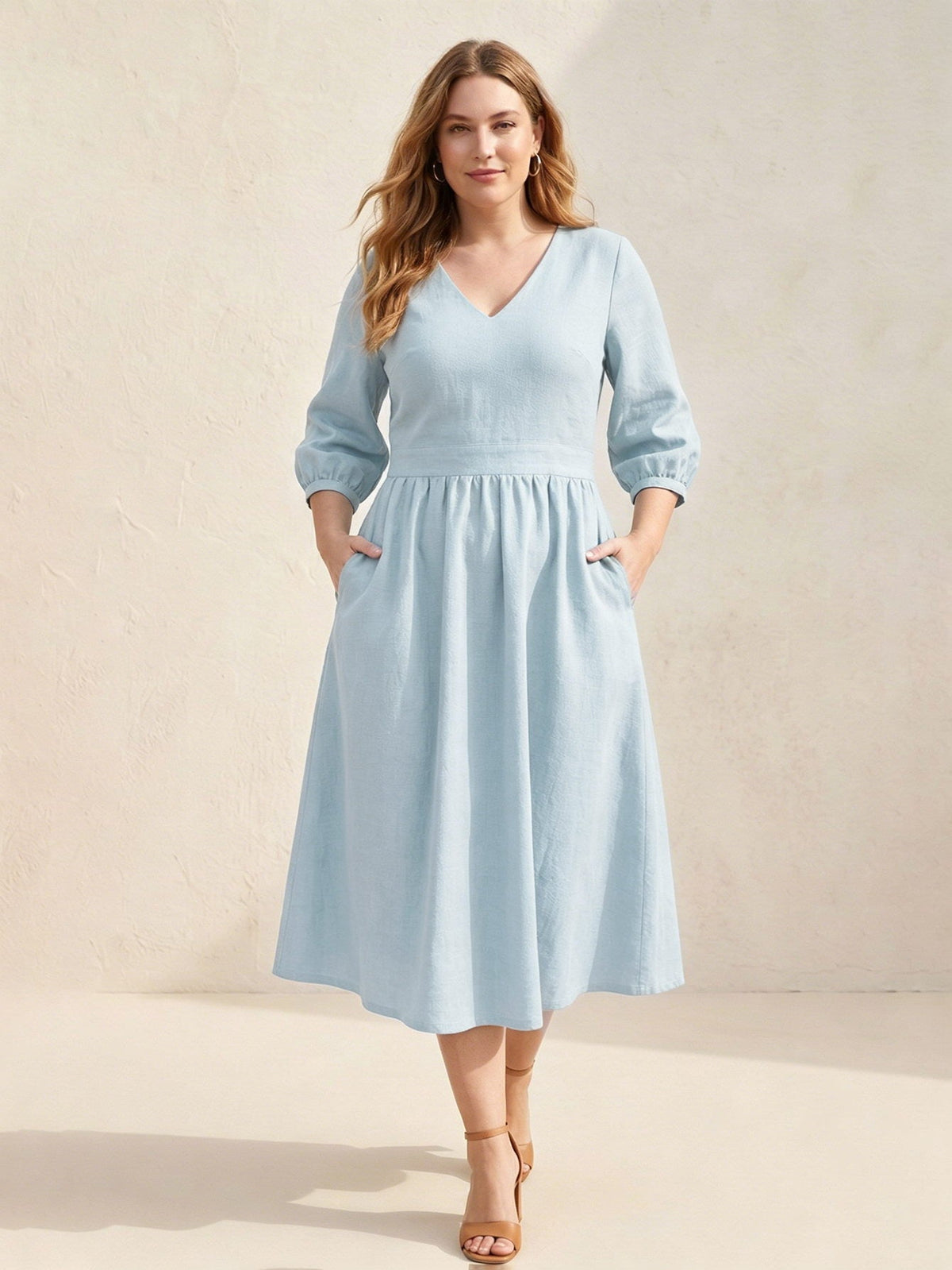Larui Plus Size Women's Linen V-Neck Pocket Dress