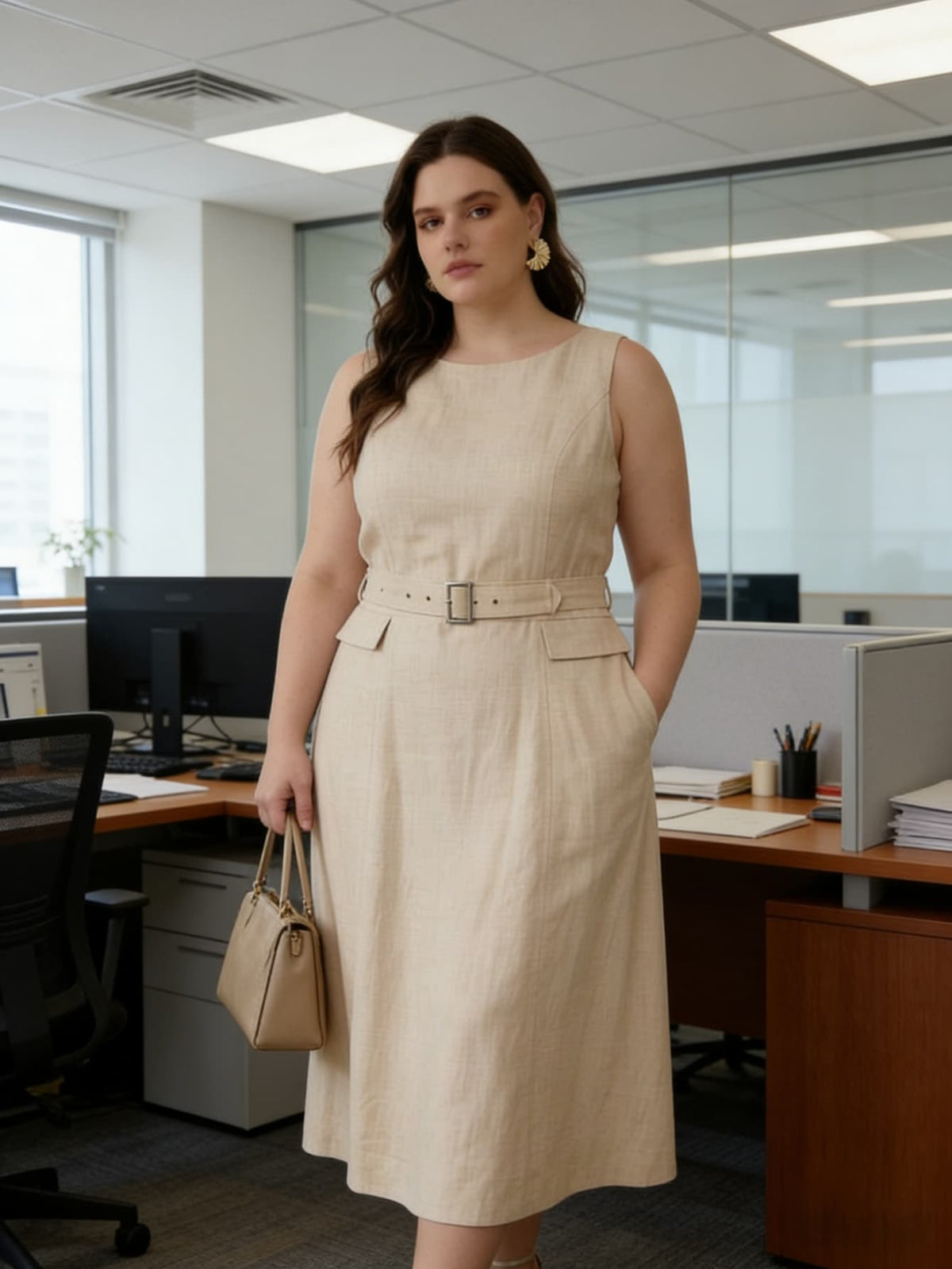Larui Plus Size Women‘s Linen  Sleeveless Dress With Belt