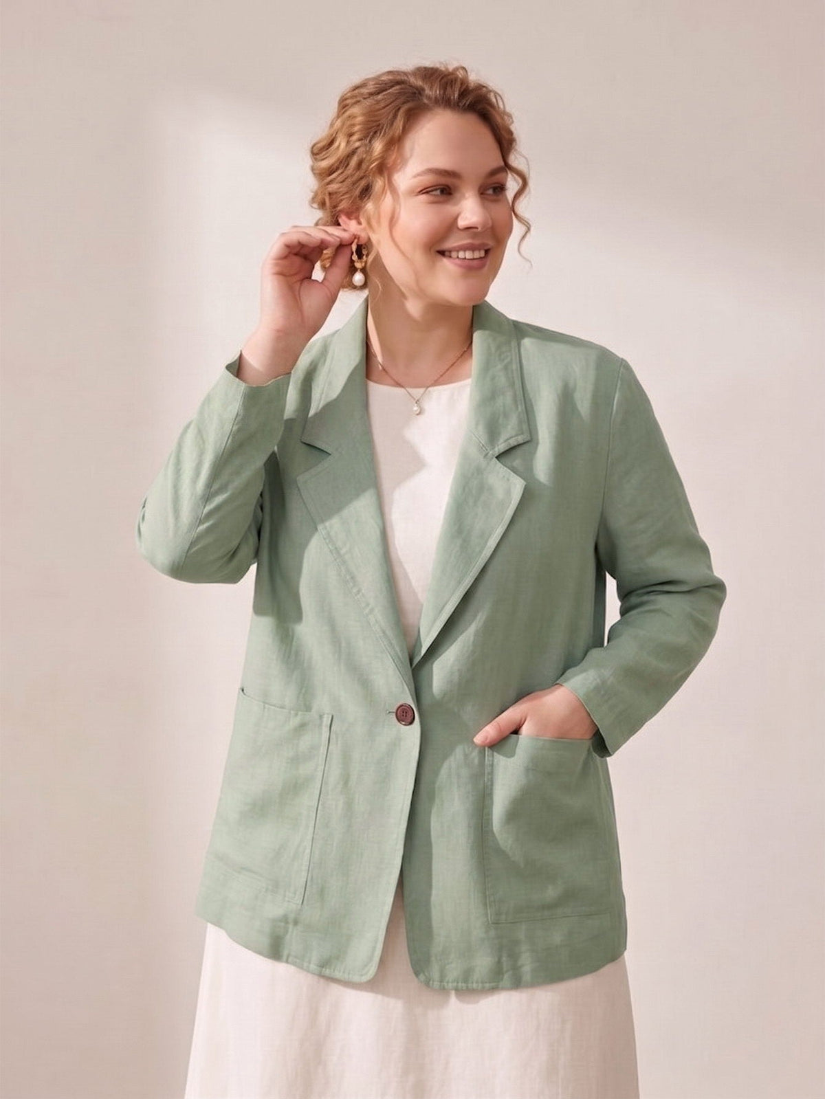 Larui Plus Size Women's Linen Long Sleeves Pocket Blazer