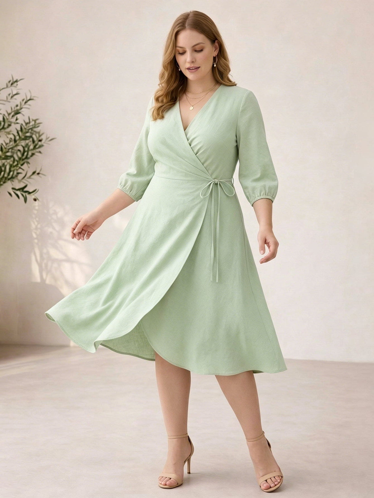 Larui Plus Size Women's Linen V-Neck Wrap Dress