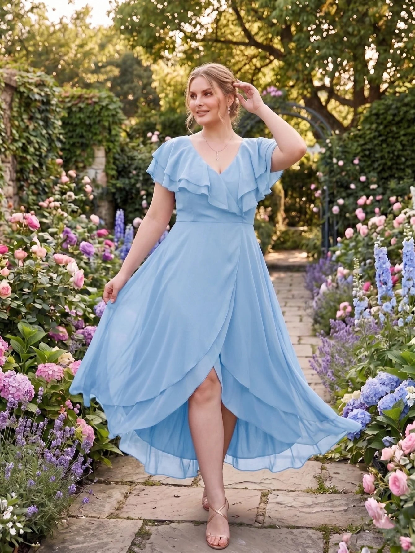 Larui Plus Size Women's Ruffle Sleeve Chiffon Dress