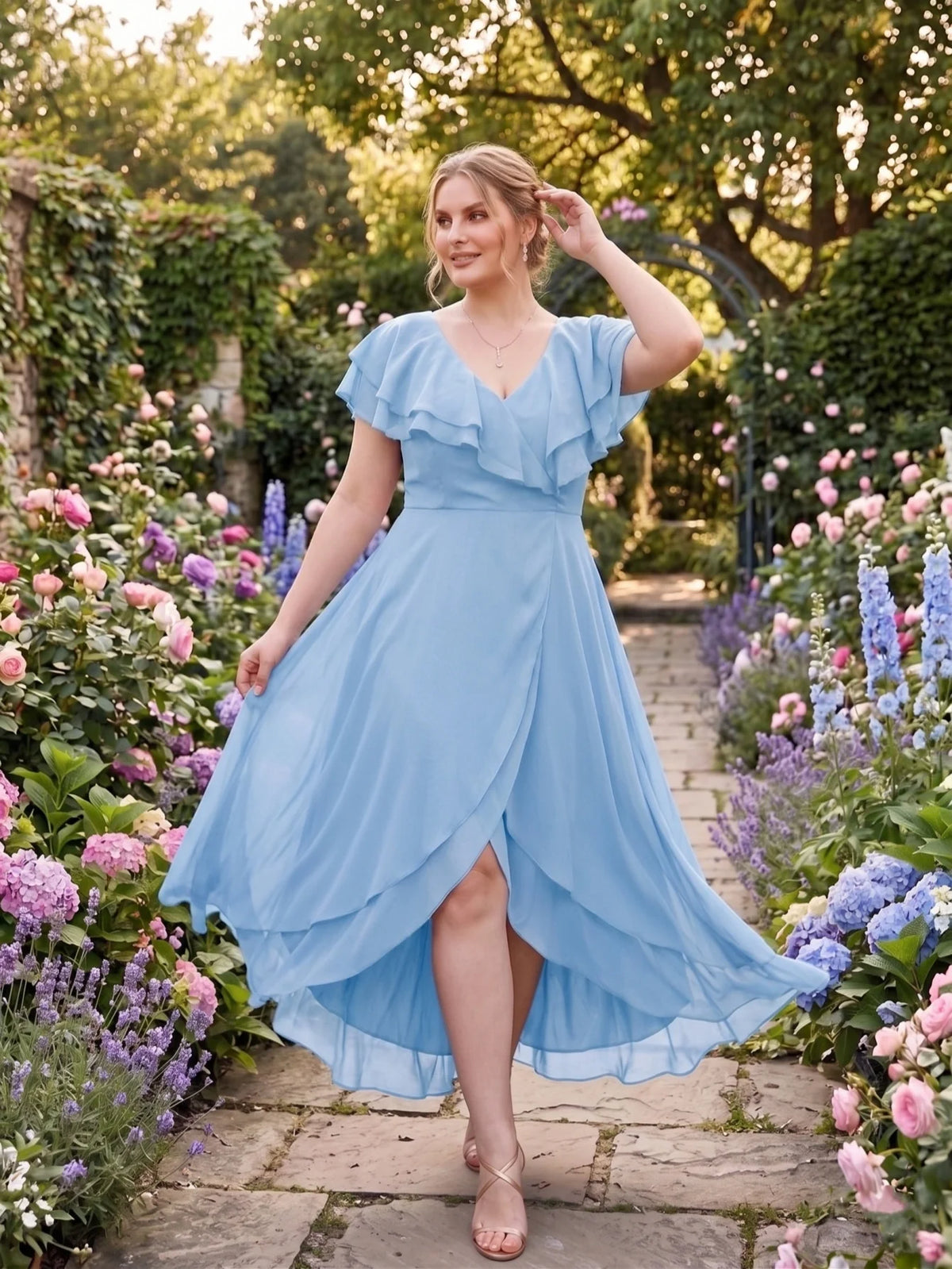 Larui Plus Size Women's Ruffle Sleeve Chiffon Dress