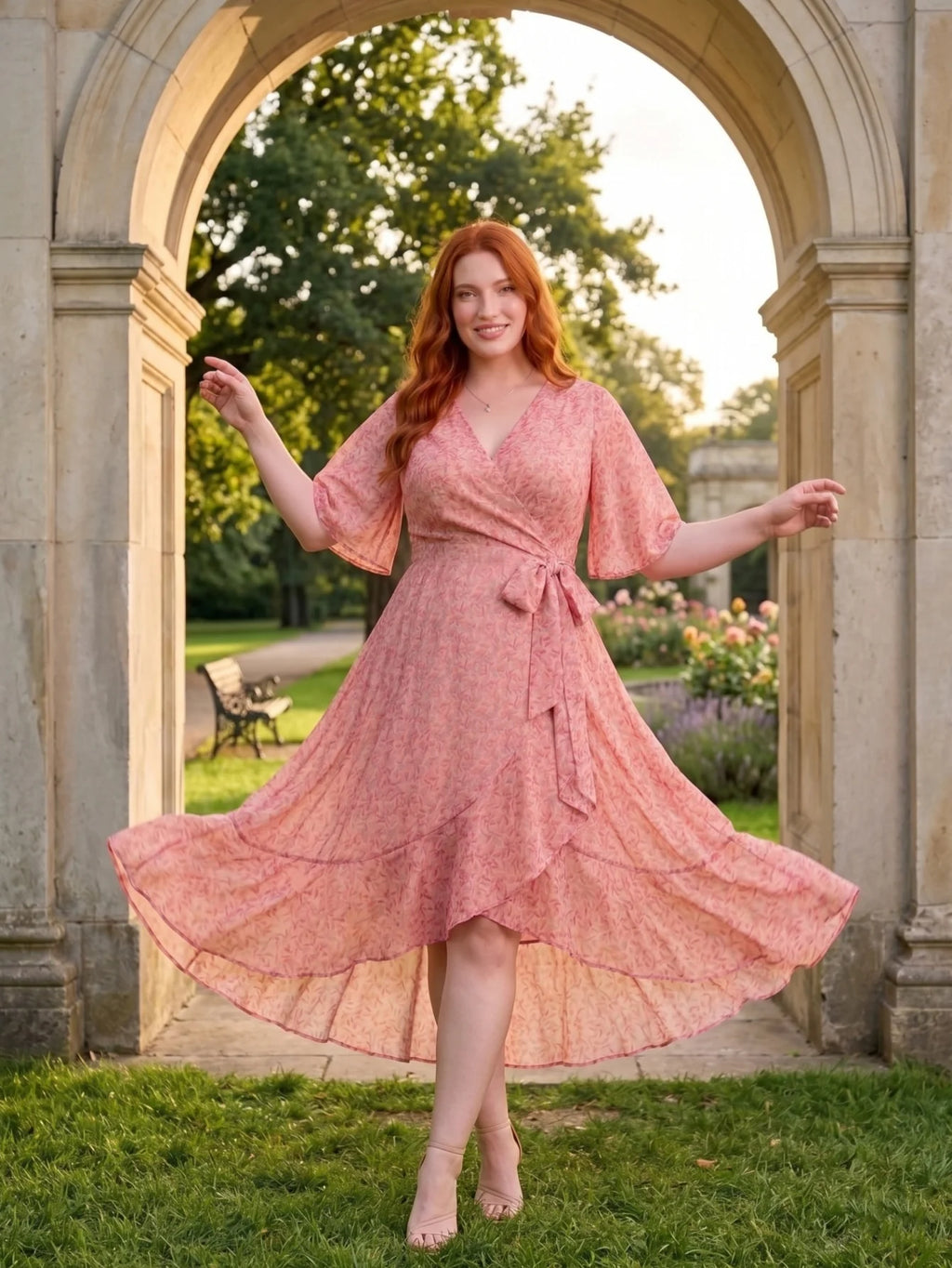 Larui Plus Size Elegant Chiffon Tie-Wrap Dress