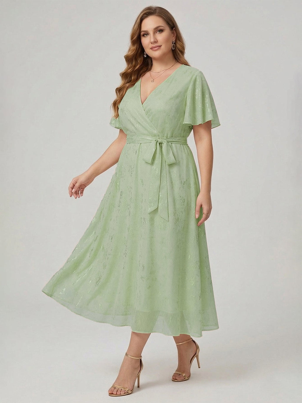 Larui Plus Size Elegant Gold-Stamped Chiffon Guest Dress