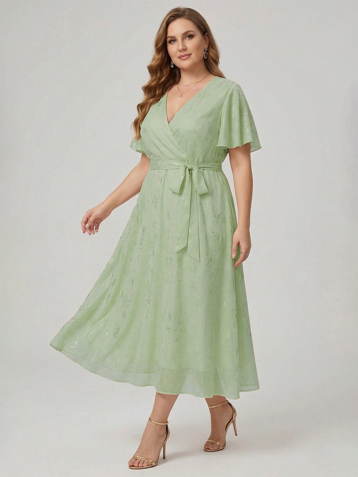 Larui Plus Size Elegant Gold-Stamped Chiffon Guest Dress