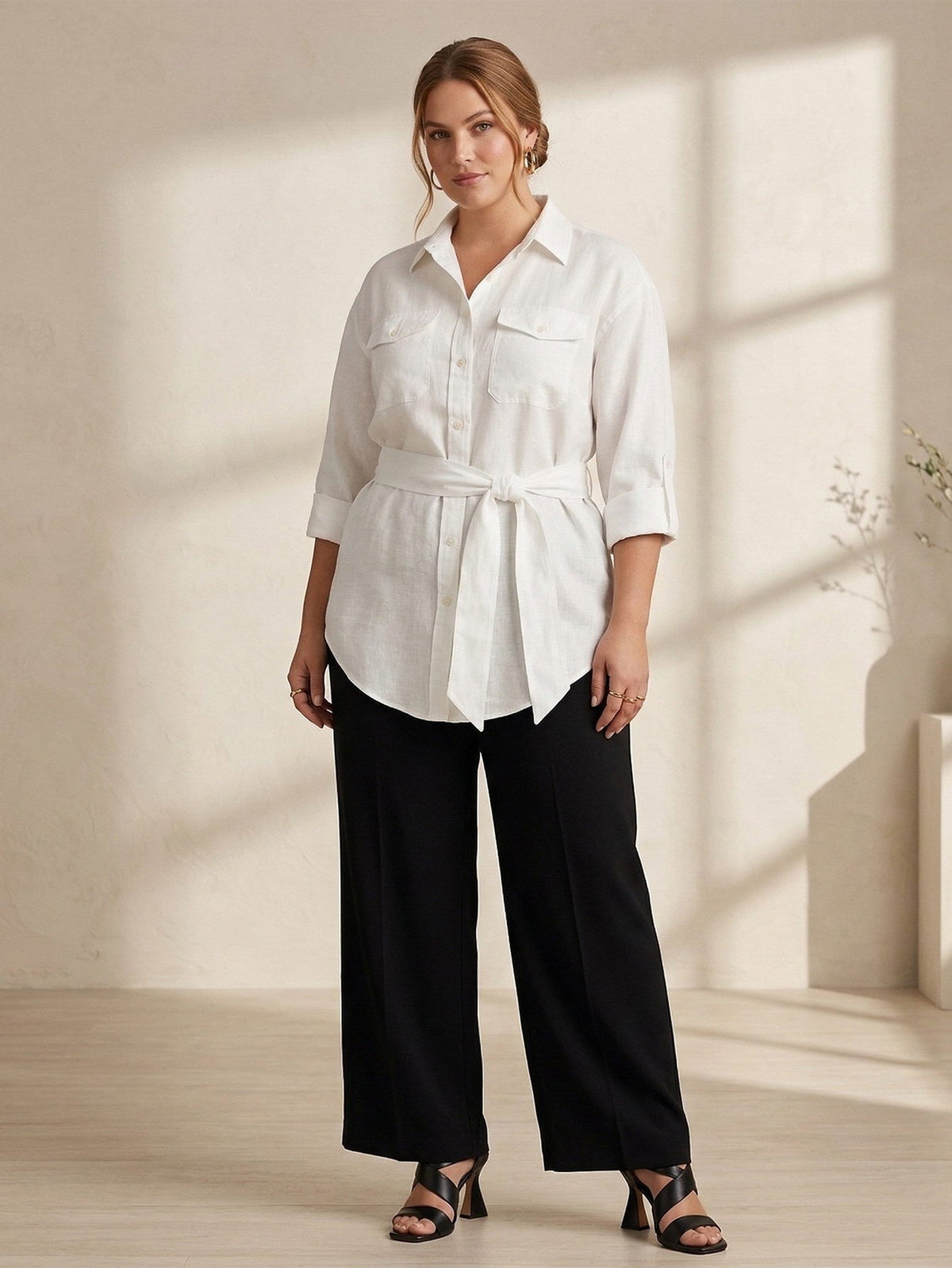 Larui Plus Size Women's Linen Pocket Shirt With Belted