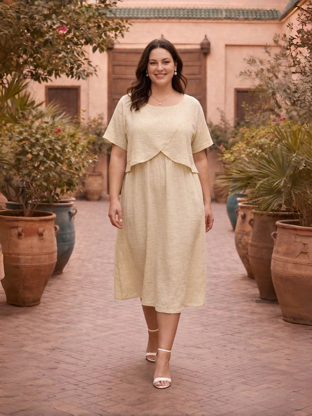 Larui Plus Size Women's Linen Short Sleeves Dress