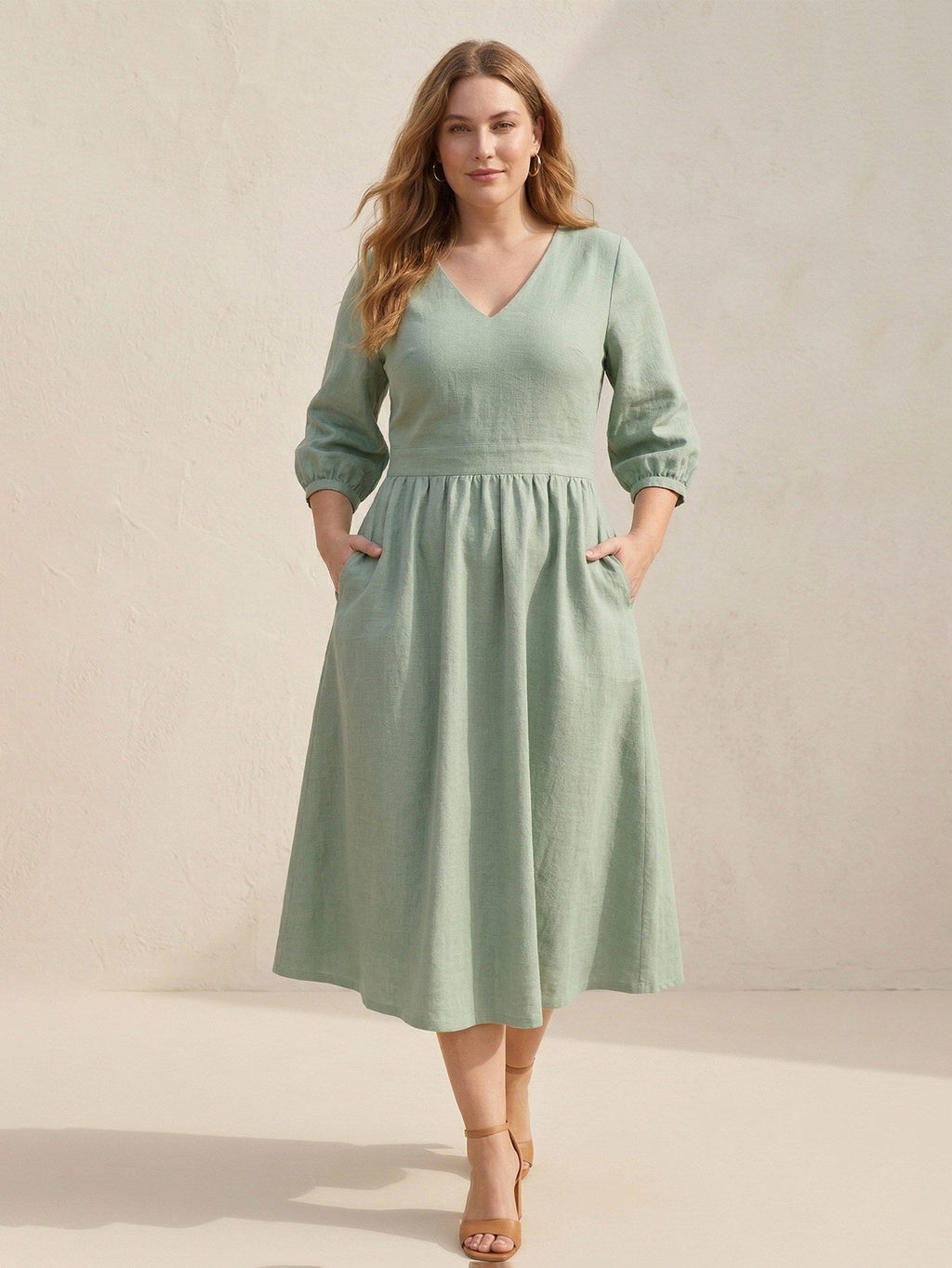 Larui Plus Size Women's Linen V-Neck Pocket Dress