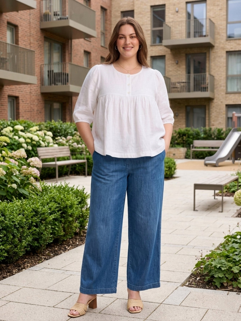 Larui Plus Size Women's Linen  Pleated 3/4 Sleeves Blouse