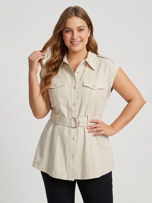 Larui Plus Size Women's Linen Pocket Blouse With Belted