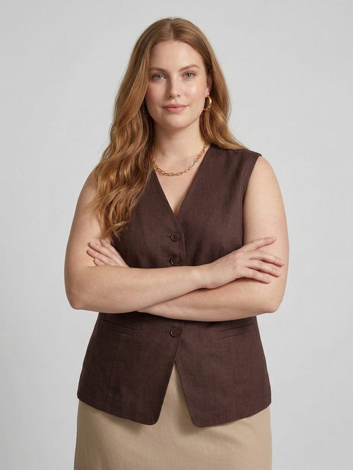 Larui Plus Size Women's Linen V-Neck Sleeveless Vest Waistcoat