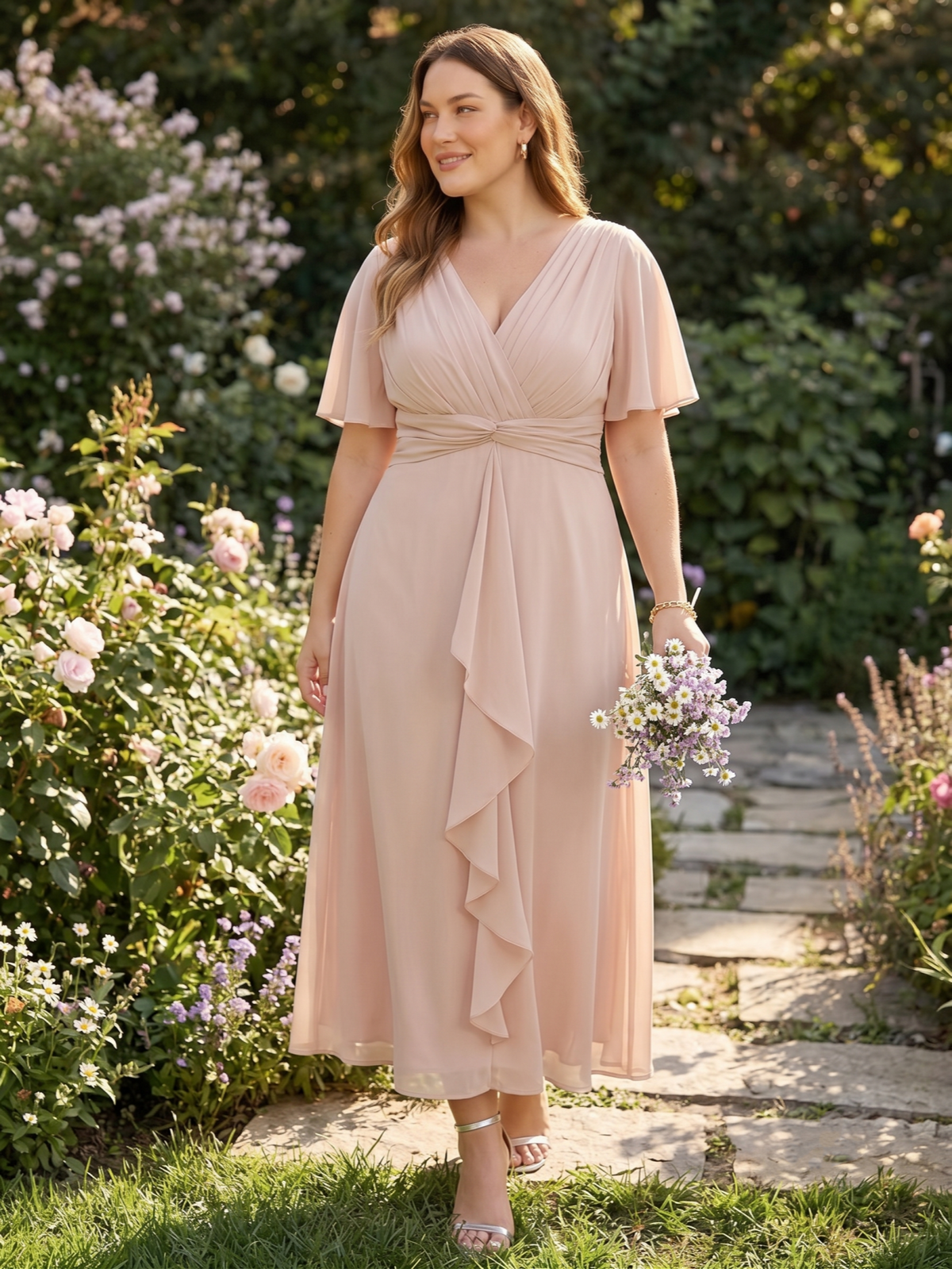 Larui Women's Plus-Size Chiffon Dress with V-Neck and Ruffled Hem