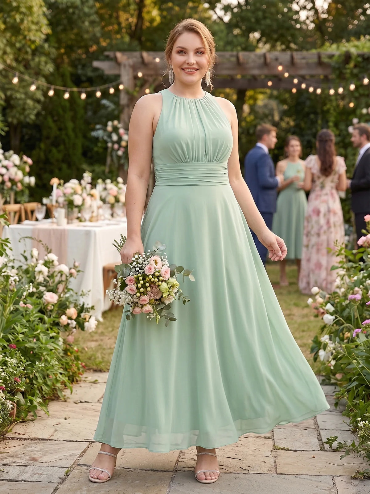 Larui Plus Size Elegant Pleated Chiffon Dress