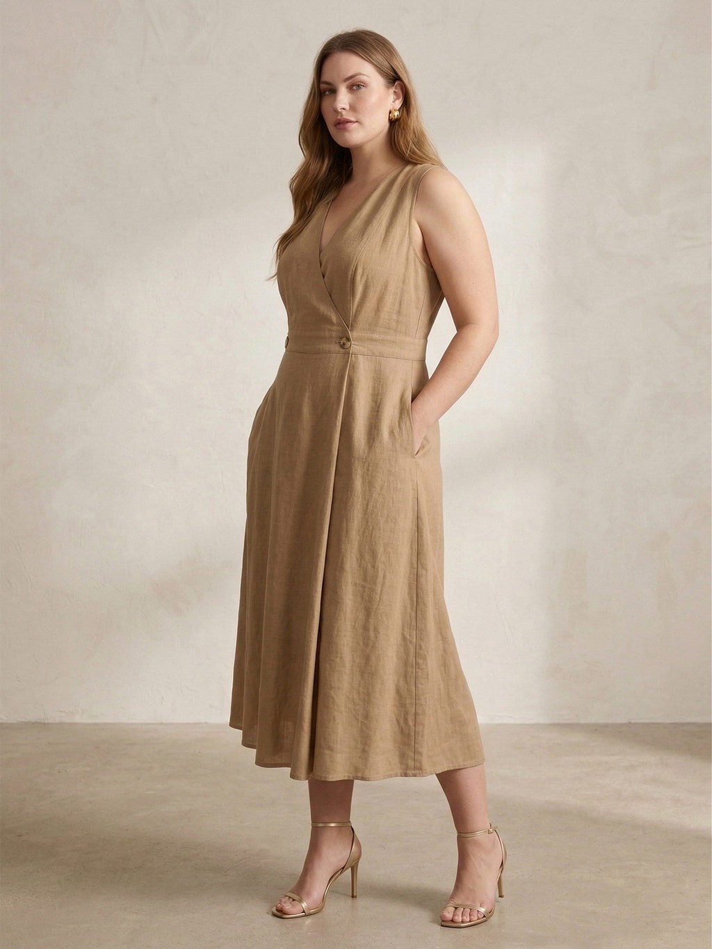 Larui Plus Size Women‘s Linen V Neck A-Line Dress