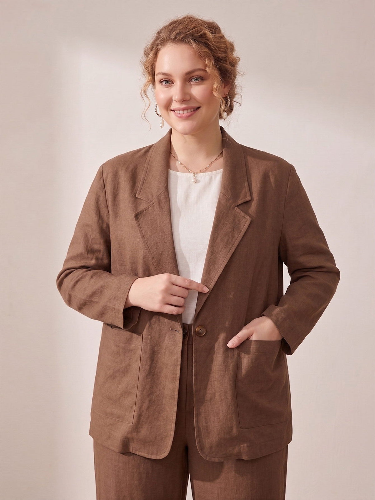 Larui Plus Size Women's Linen Long Sleeves Pocket Blazer