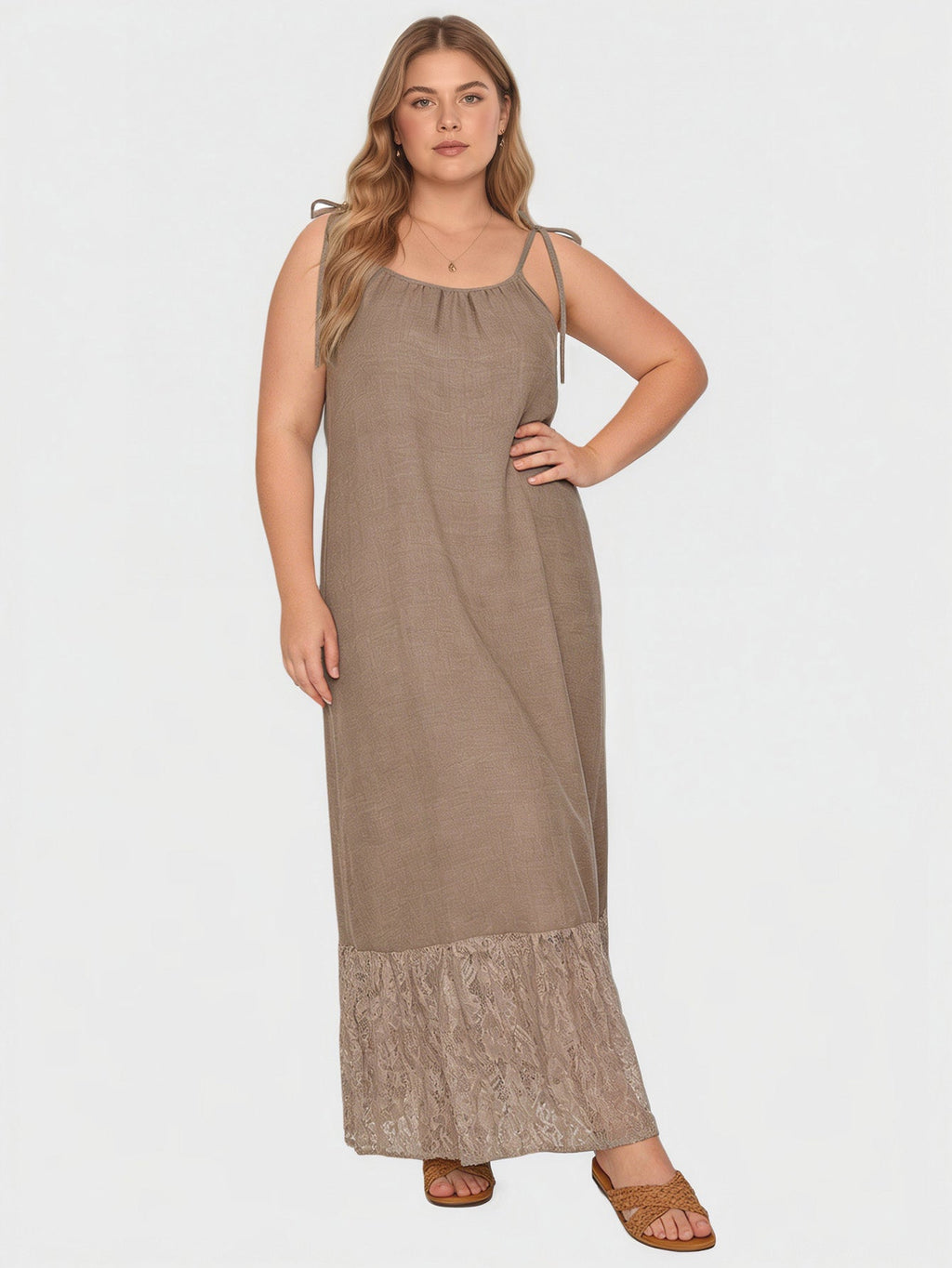 Larui Wovem's Plus Size Linen Lace Patchwork Casual Pocket Cami Dress