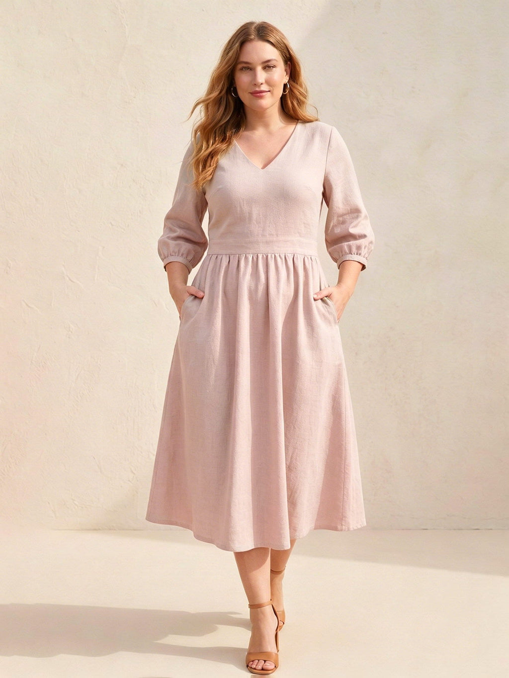 Larui Plus Size Women's Linen V-Neck Pocket Dress
