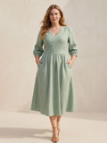 Larui Plus Size Women's Linen V-Neck Pocket Dress